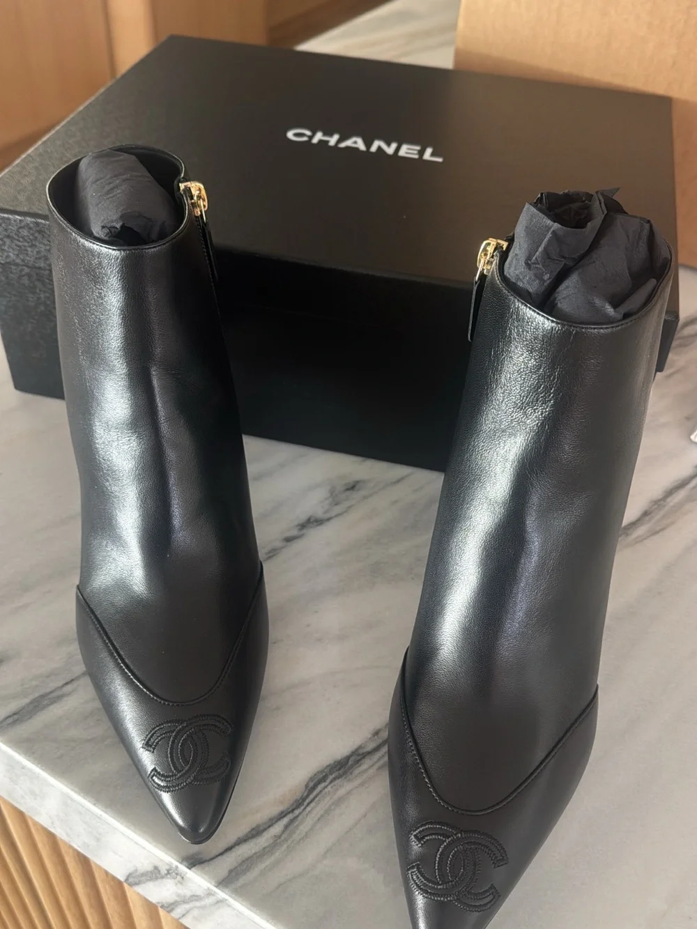 CHANEL Black Leather Pointed Ankle Boots with Sculpted Heel